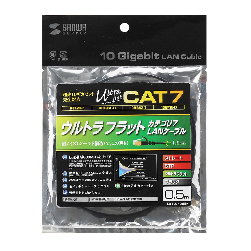 サンワサプライ 0.5m フラットLANケーブル(CAT7/ブラック) KB-FLU7-005BK
