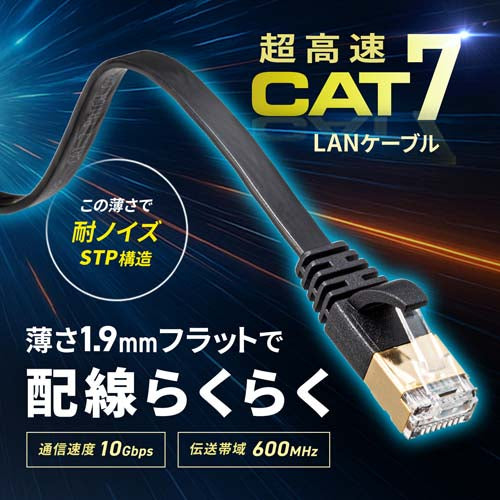 サンワサプライ 2 m フラットLANケーブル(CAT7/ブラック) KB-FLU7-02BK
