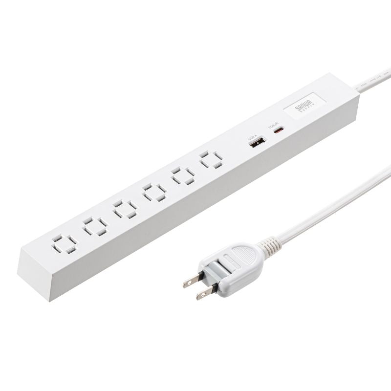 サンワサプライ AC125V/14Ax3.0m フリータップ(白/USBポート付) TAP-SLIM6UC-15W