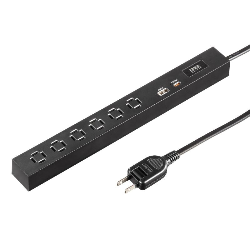 サンワサプライ AC125V/14Ax3.0m フリータップ(黒/USBポート付) TAP-SLIM6UC-15W