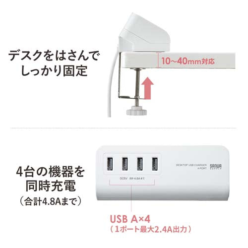 サンワサプライ AC100V/USB充電器(4ポート/クランプ式/白) ACA-IP50W