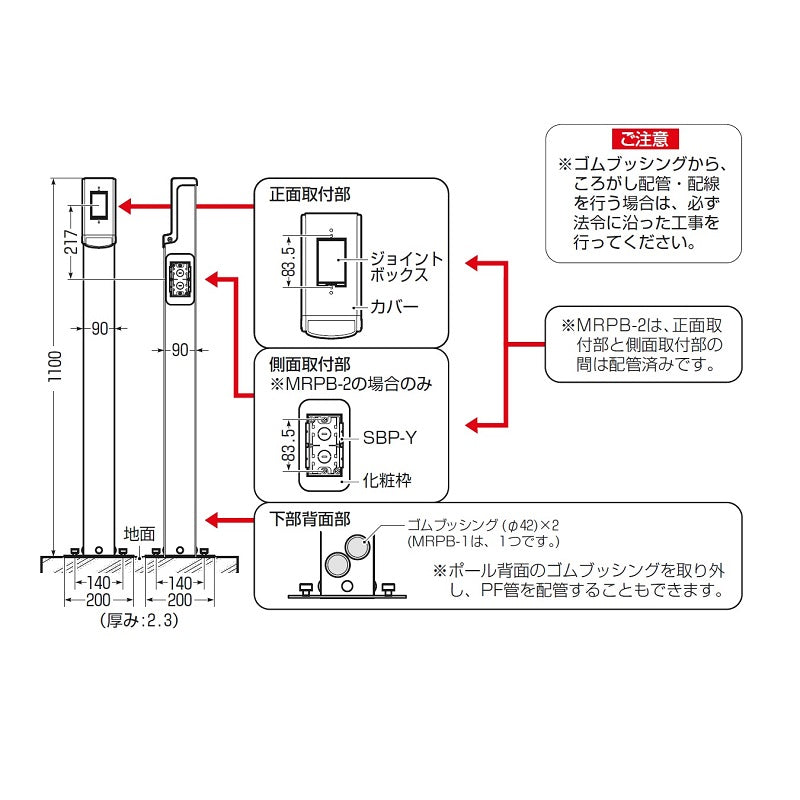 未来工業 1100mm 給電ポール(ベース付/取付2箇所) MRPB-2