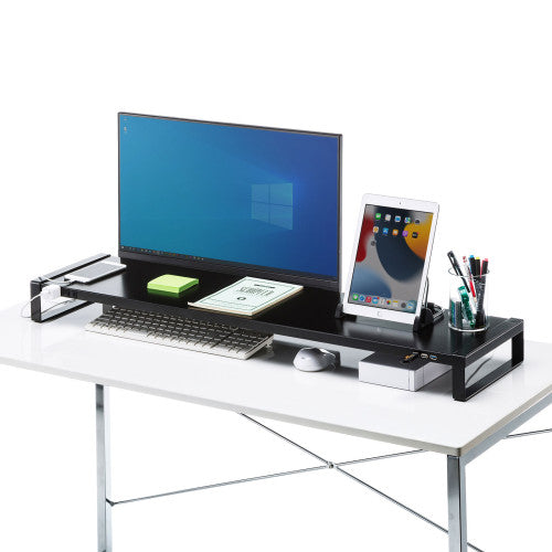 サンワサプライ 1000x257x 89mm モニタースタンド(電源タップ/USBハブ MR-LC206BKN