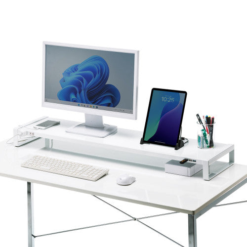 サンワサプライ 1000x257x 89mm モニタースタンド(電源タップ/USBハブ MR-LC206WN