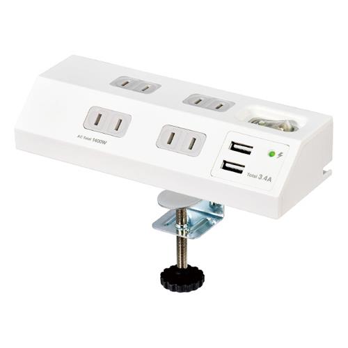 朝日電器(ELPA) AC100V/14A タップ(4口/USBポート付/クランプ式) WLS-DS4232UA(W)