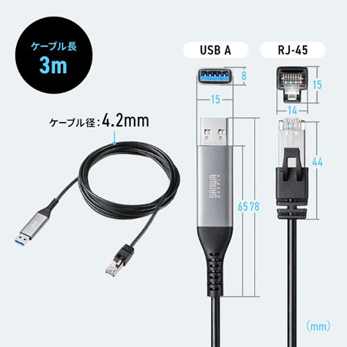 サンワサプライ 3.0m ＵＳＢケーブル(A-LAN/CAT6) KB-SL6ALAN03BK