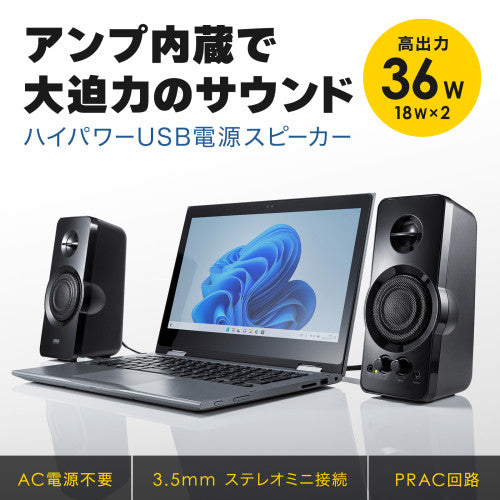 サンワサプライ 98x 97x208mm  スピーカー(ﾊｲﾊﾟﾜｰ） MM-SPL19UBK