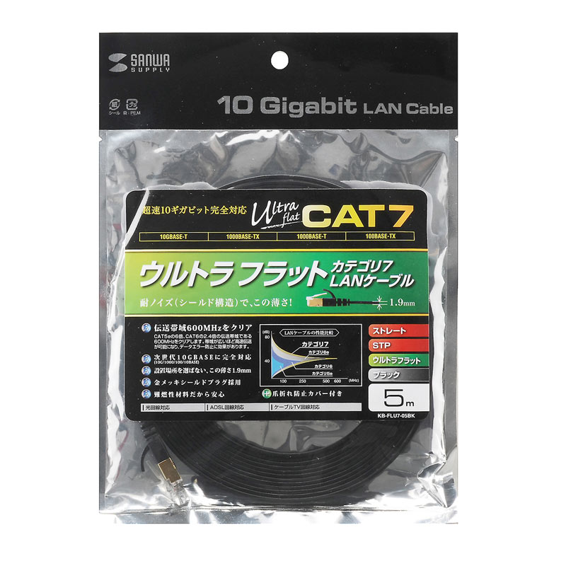 サンワサプライ 5 m フラットLANケーブル(CAT7/ブラック) KB-FLU7-05BK