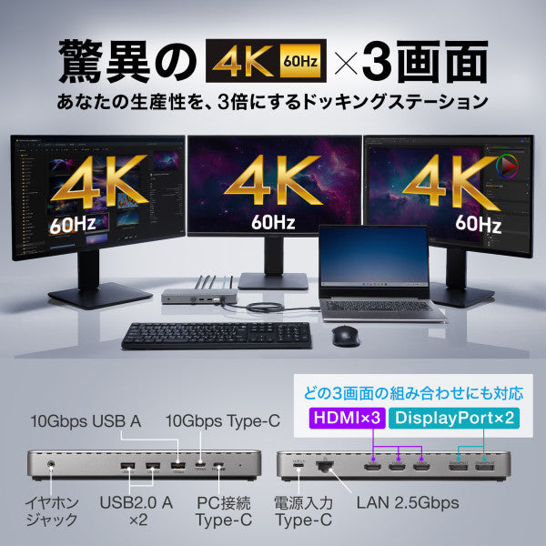 サンワサプライ [USB TypeC] ﾄﾞｯｷﾝｸﾞｽﾃｰｼｮﾝ(4K3画面出力) USB-CVDK20