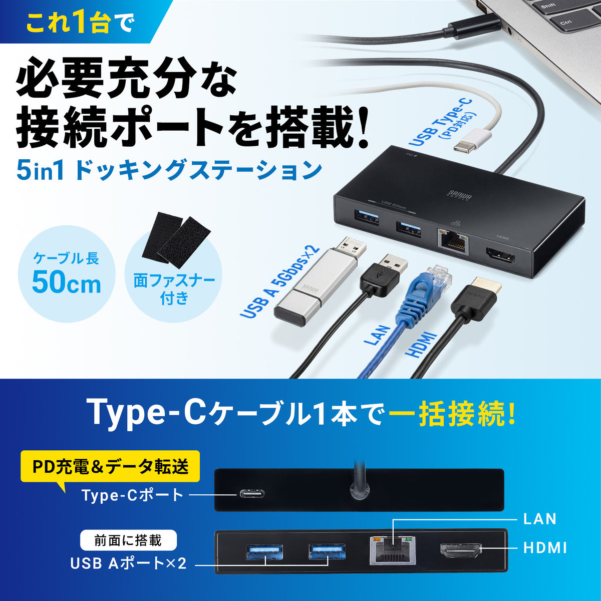 サンワサプライ [USB Type C] マルチ変換アダプタ USB-DKM10BK