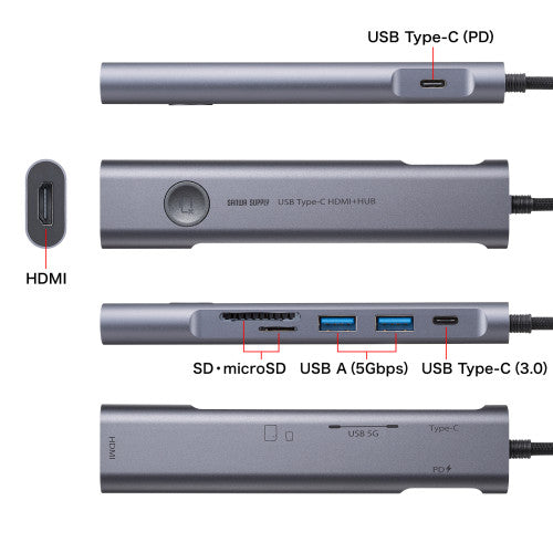 サンワサプライ [USB Type C] ﾄﾞｯｷﾝｸﾞﾊﾌﾞ(ｶｰﾄﾞﾘｰﾀﾞｰ付) USB-5TCHCP17GM