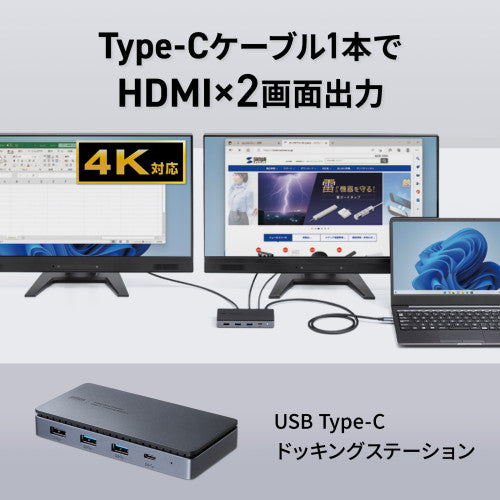 サンワサプライ [USB TypeC] ﾄﾞｯｷﾝｸﾞｽﾃｰｼｮﾝ(2画面/LAN付) USB-CVDK15