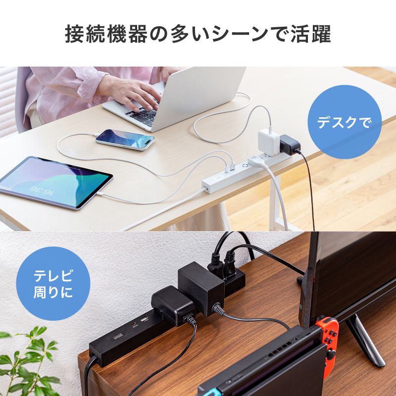 サンワサプライ AC125V/14Ax3.0m ﾌﾘｰﾀｯﾌﾟ(白/USBﾎﾟｰﾄ付) TAP-SLIM6UC-15W