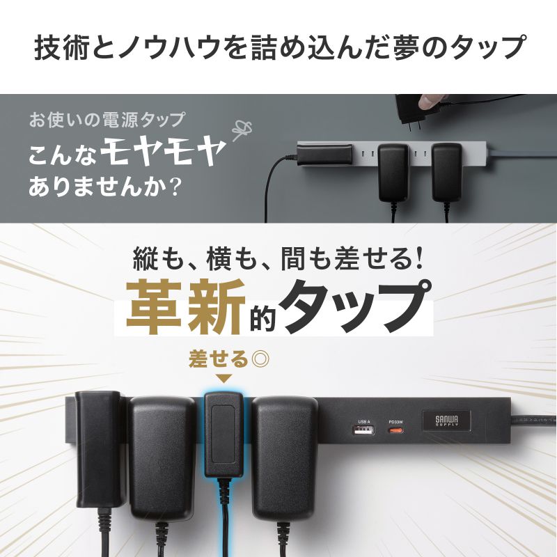 サンワサプライ AC125V/14Ax3.0m ﾌﾘｰﾀｯﾌﾟ(黒/USBﾎﾟｰﾄ付) TAP-SLIM6UC-15W