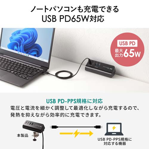 サンワサプライ AC100V/USB充電器(2+2ﾎﾟｰﾄ/ｸﾗﾝﾌﾟ式/黒) ACA-PD106BK