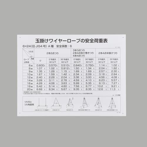 ESCO（エスコ） 450x600mm 玉掛けﾜｲﾔｰﾛｰﾌﾟの安全荷重表 EA983AK-86